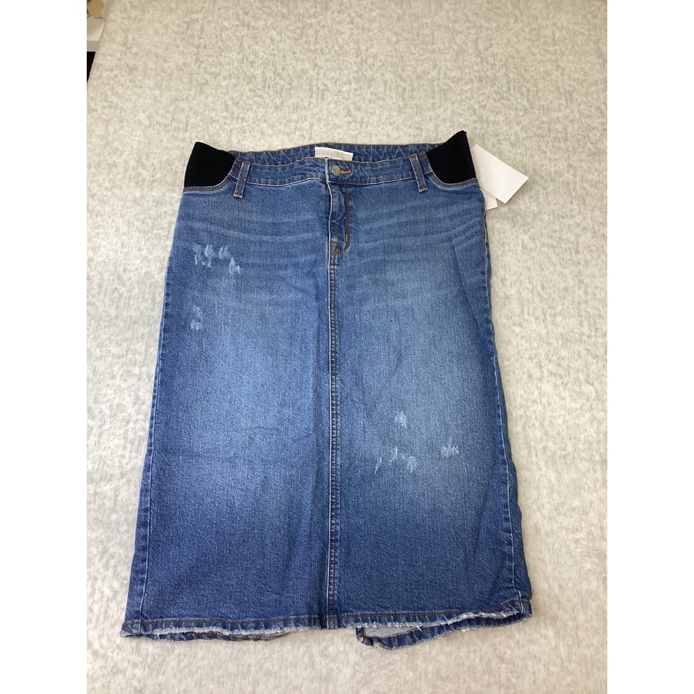 Isabel Maternity Ingrid & Isabel Medium Wash Distressed Denim Midi Skirt 10 NWT